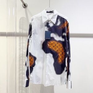 Authentic Louis Vuitton White and Black Dress Shirt with Orange Accents